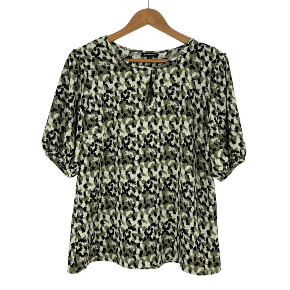Contempo Women’s Size Large Green Printed Keyhole Neck Lightweight Blouse